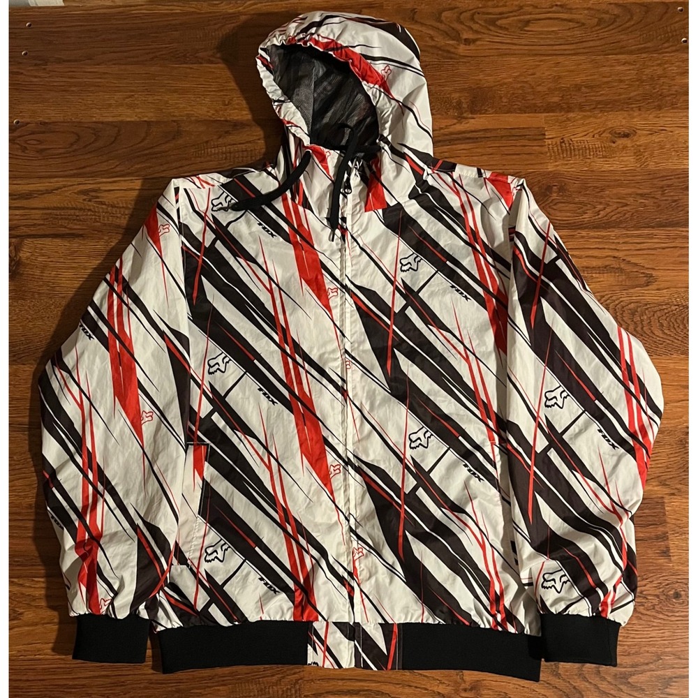 Fox Racing Jacket Mens Large White Red Black Full Zip Hooded